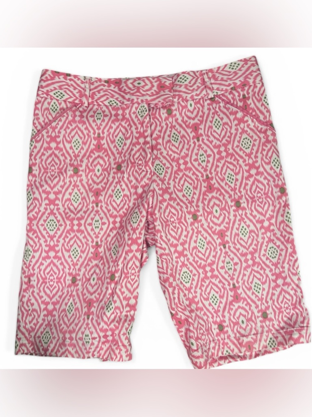 Printed Ikat Shorts Pink Green Flat Front Summer Size 10